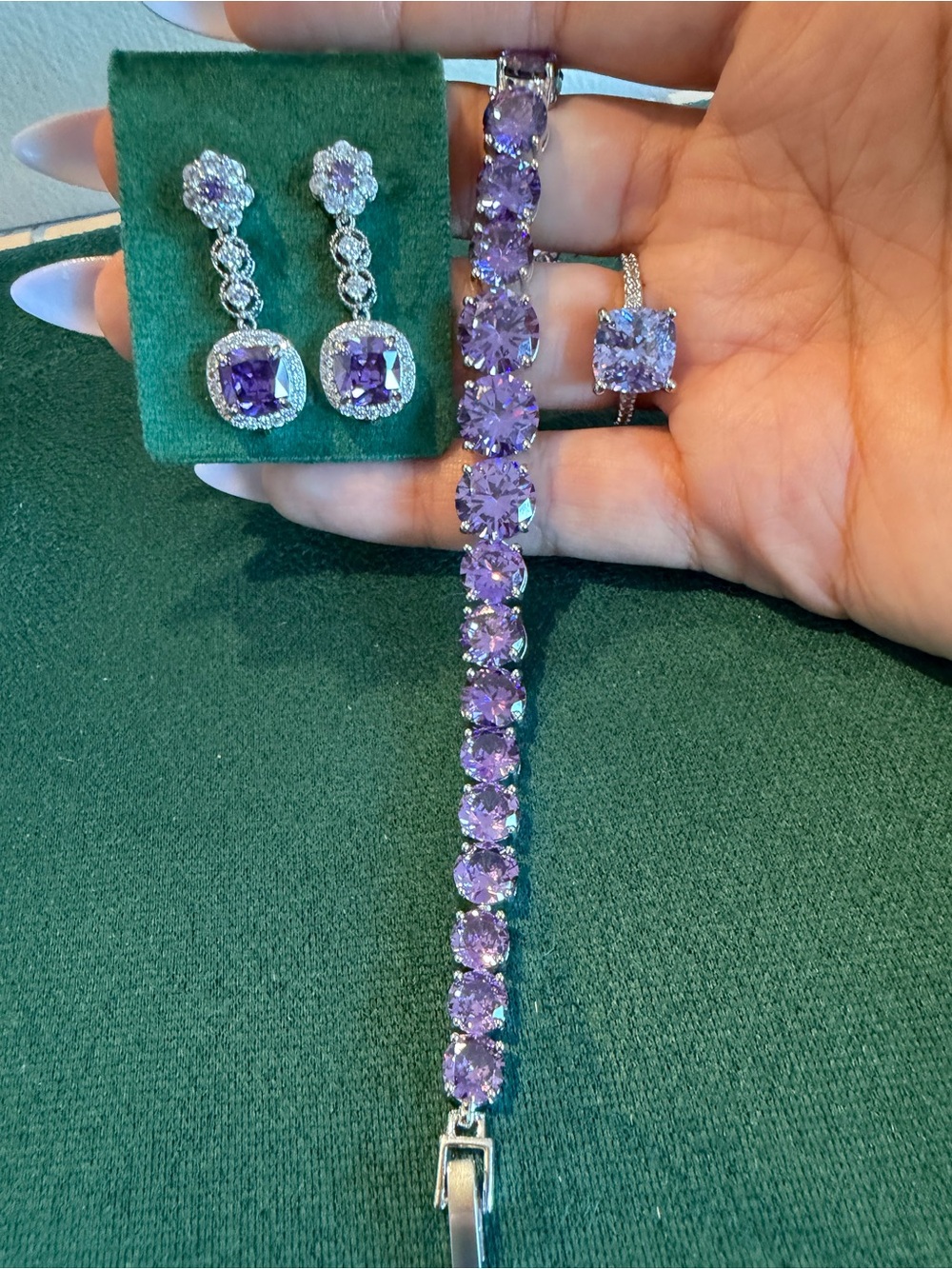 Purple Amethyst Tennis Bracelet and Earrings Set - Women Jewelry